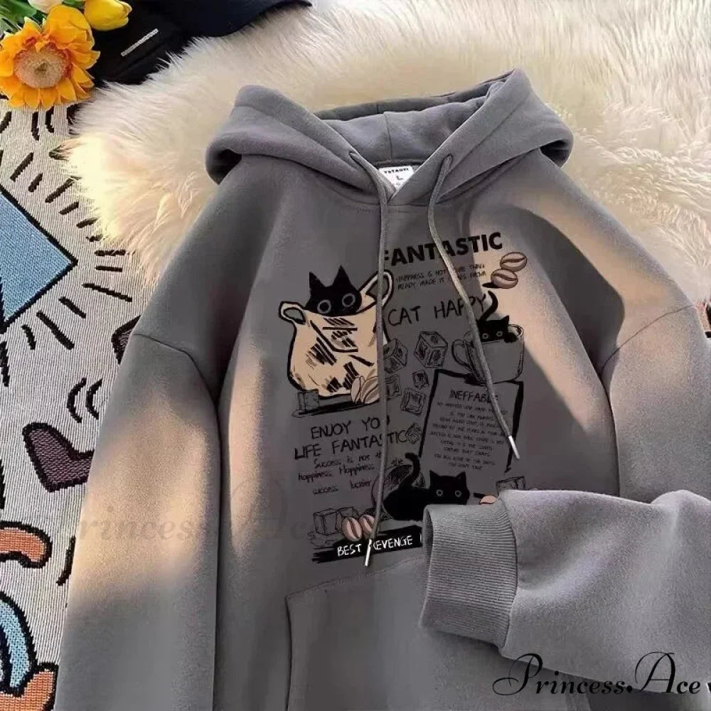 Feline Cartoon Printed Pullover Hoodie