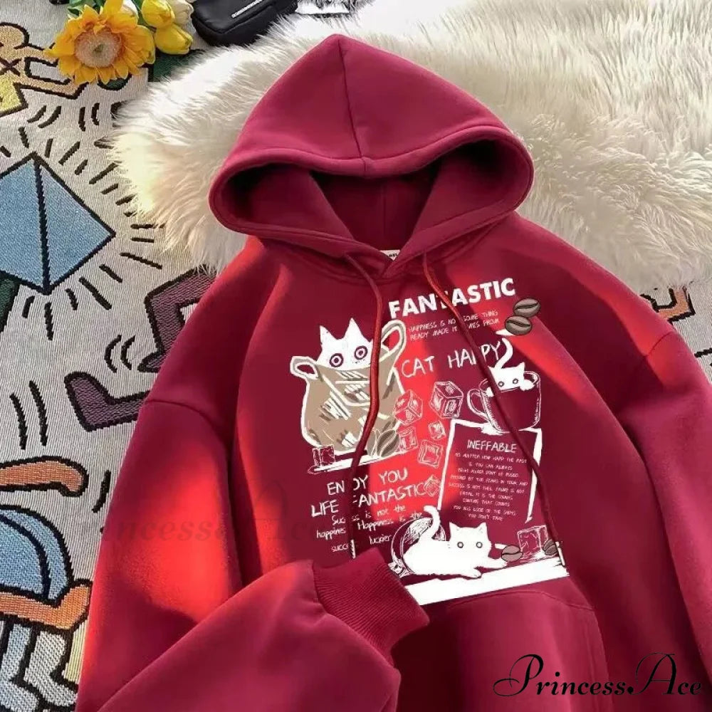 Feline Cartoon Printed Pullover Hoodie