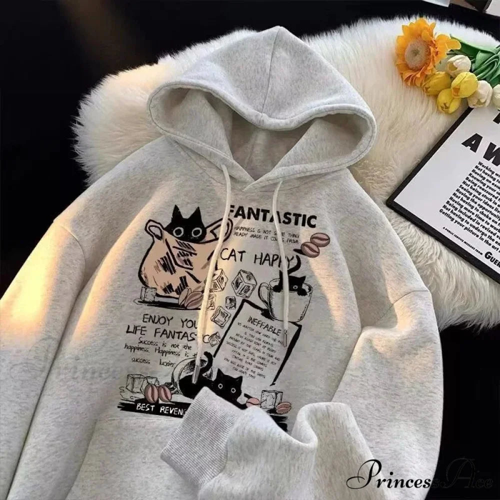 Feline Cartoon Printed Pullover Hoodie
