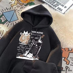 Feline Cartoon Printed Pullover Hoodie