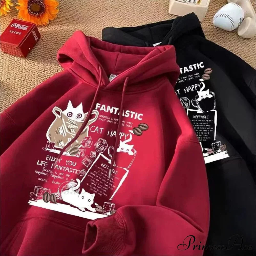 Feline Cartoon Printed Pullover Hoodie