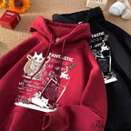 Feline Cartoon Printed Pullover Hoodie