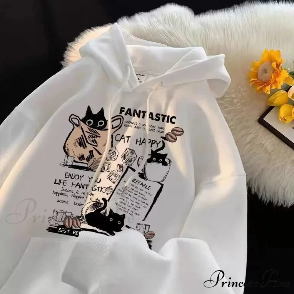Feline Cartoon Printed Pullover Hoodie