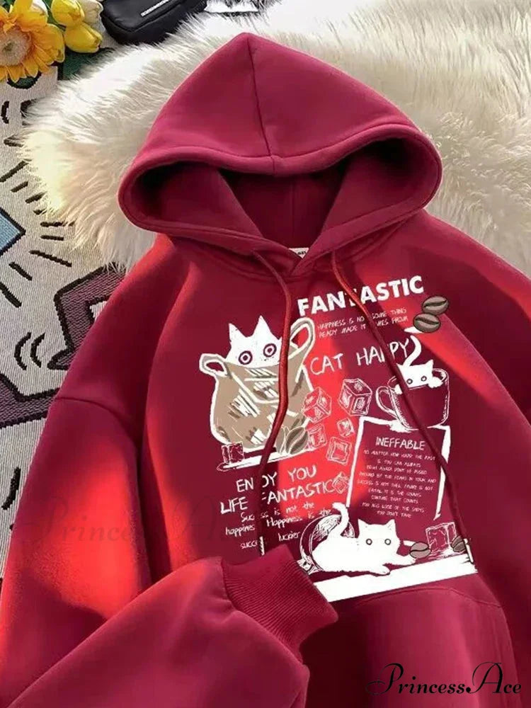Feline Cartoon Printed Pullover Hoodie