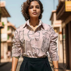 Feline Pattern Extended Sleeve Retro Informal Blouse