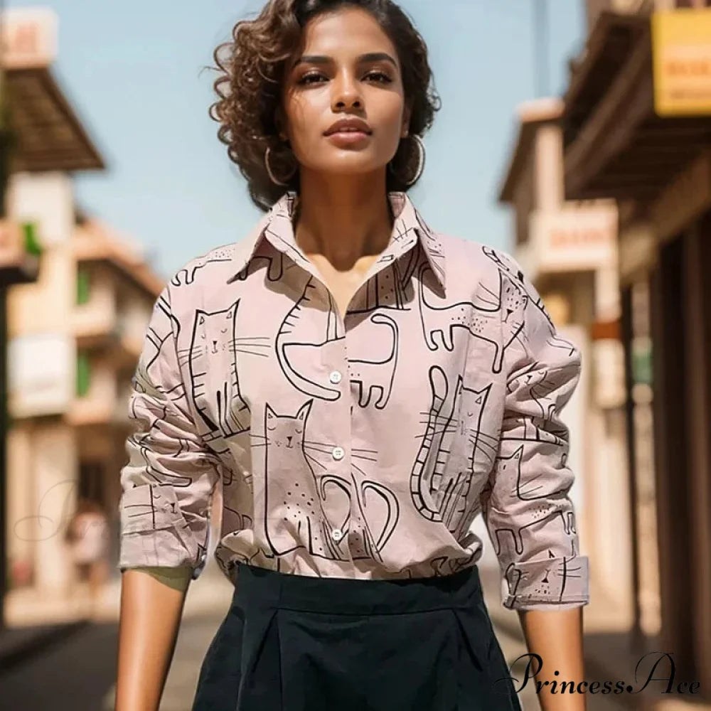 Feline Pattern Extended Sleeve Retro Informal Blouse