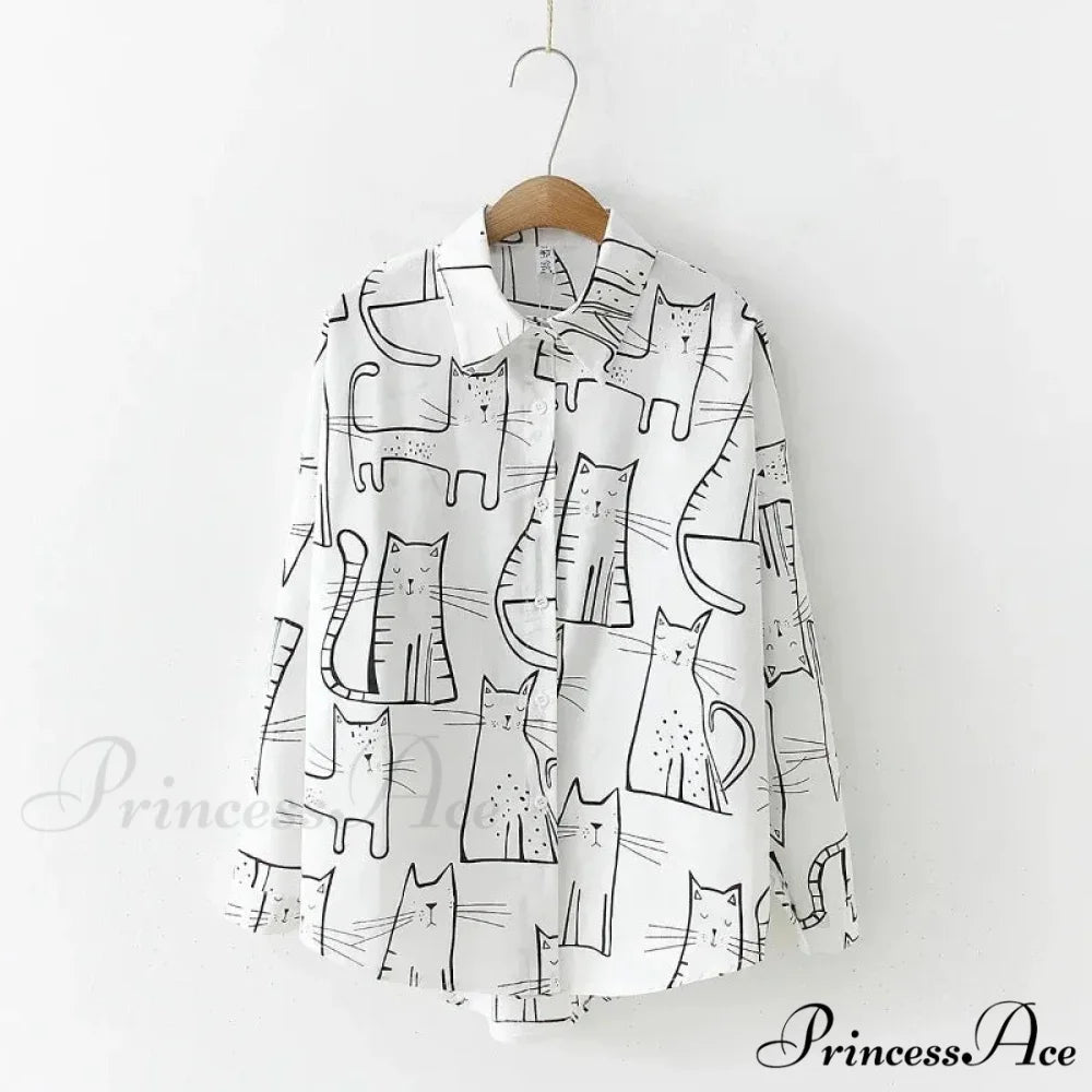 Feline Pattern Extended Sleeve Retro Informal Blouse