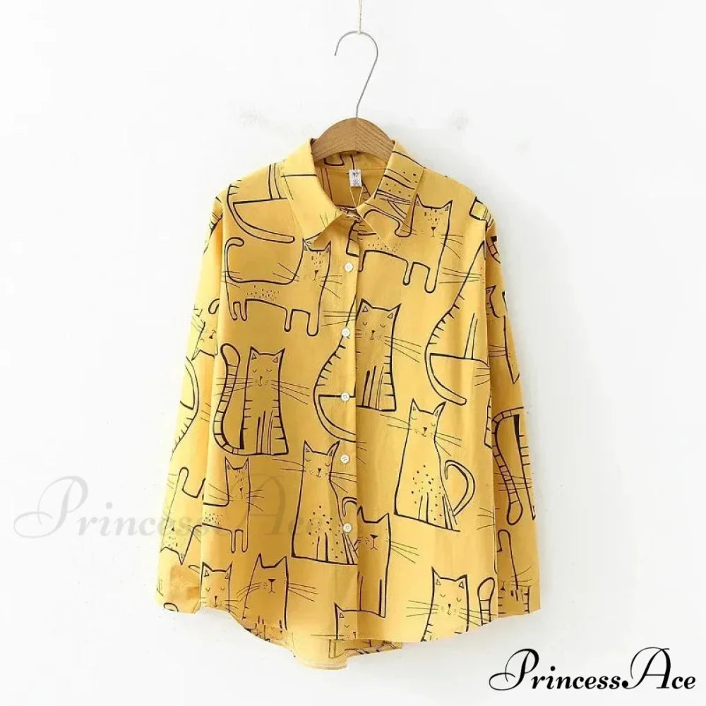 Feline Pattern Extended Sleeve Retro Informal Blouse