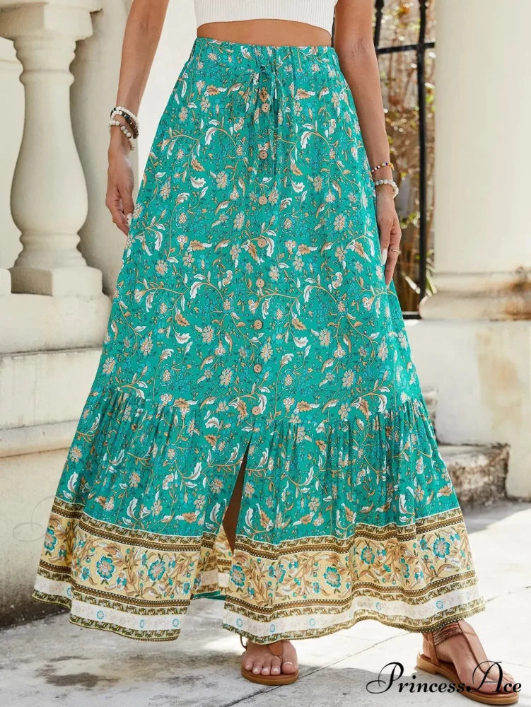 Females Boho Long Skirts Button Up Flowered A-line Hippie Stylish