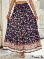 Females Boho Long Skirts Button Up Flowered A-line Hippie Stylish