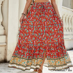 Females Boho Long Skirts Button Up Flowered A-line Hippie Stylish