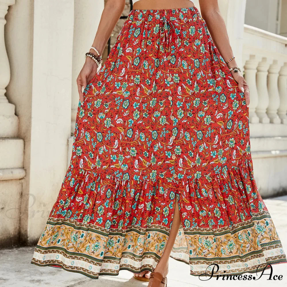 Females Boho Long Skirts Button Up Flowered A-line Hippie Stylish
