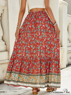 Females Boho Long Skirts Button Up Flowered A-line Hippie Stylish