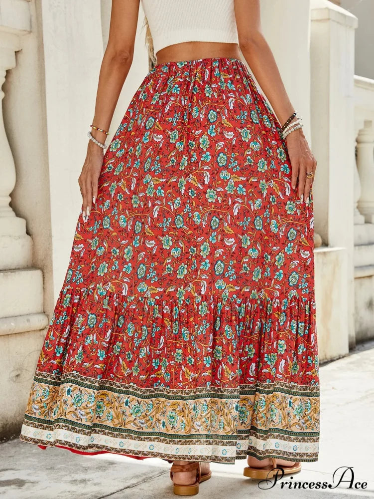 Females Boho Long Skirts Button Up Flowered A-line Hippie Stylish