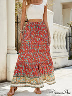 Females Boho Long Skirts Button Up Flowered A-line Hippie Stylish