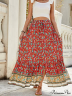 Females Boho Long Skirts Button Up Flowered A-line Hippie Stylish