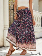 Females Boho Long Skirts Button Up Flowered A-line Hippie Stylish