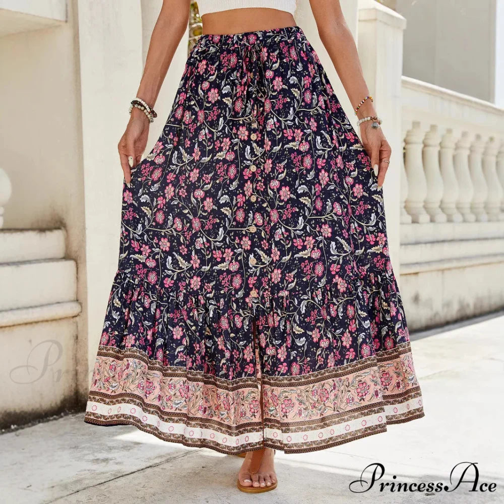 Females Boho Long Skirts Button Up Flowered A-line Hippie Stylish