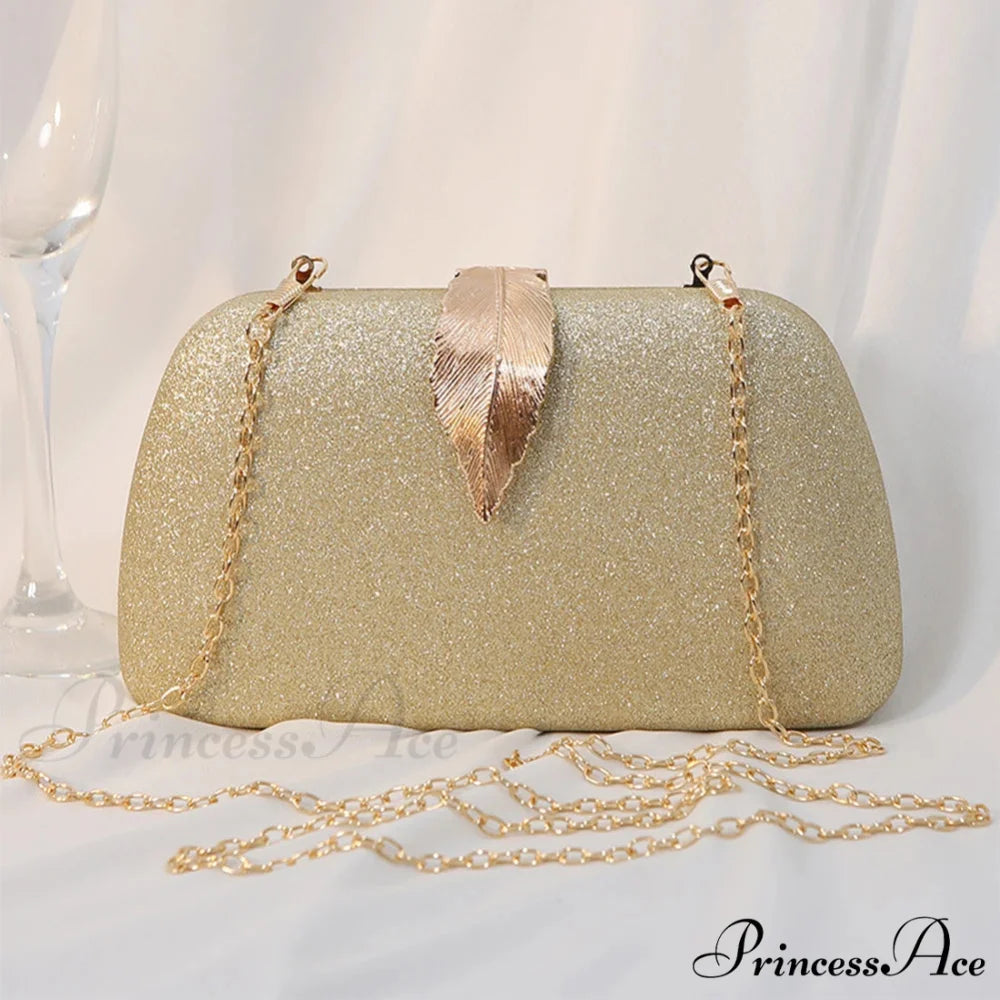 Females Foliage Pattern Clutch Bag Sparkle Chain Purse