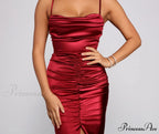 Festive Mood Satin Charming Ruched Midi Dress