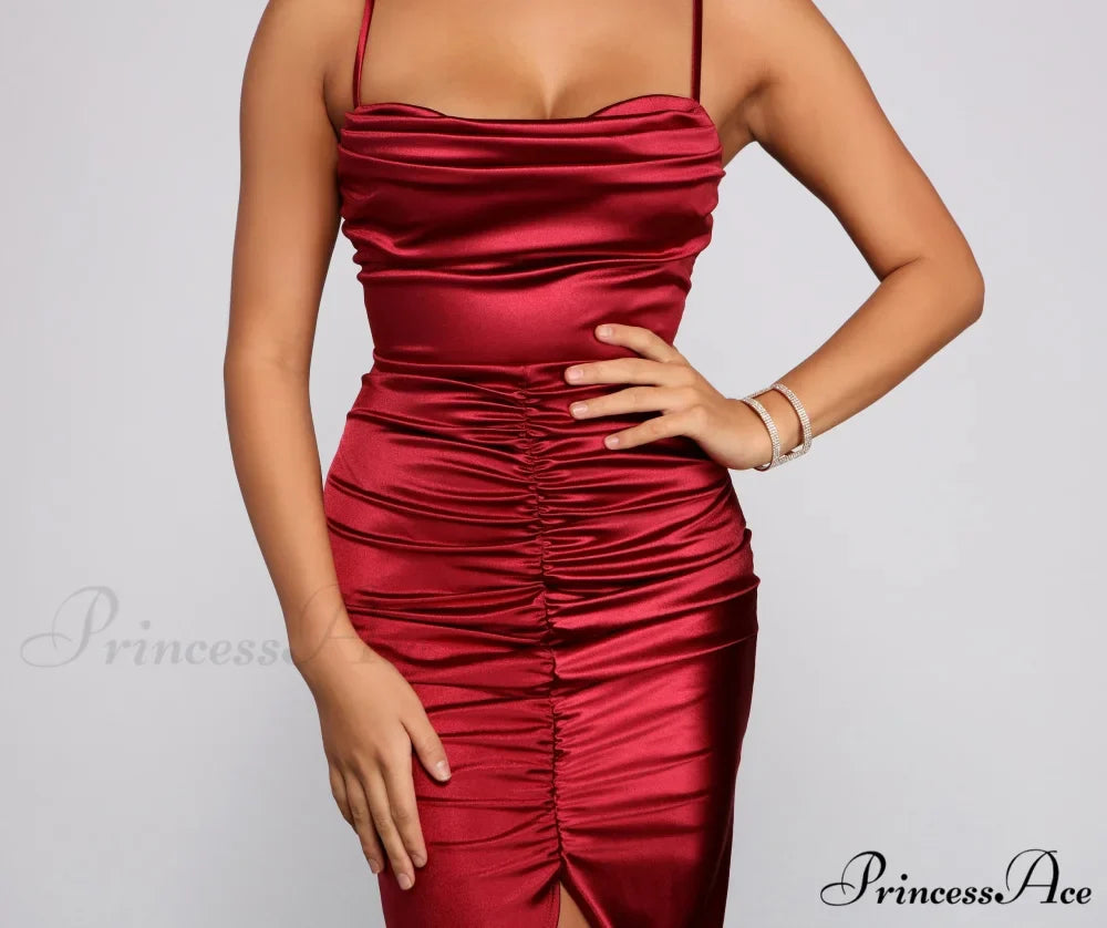 Festive Mood Satin Charming Ruched Midi Dress