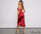Festive Mood Satin Charming Ruched Midi Dress