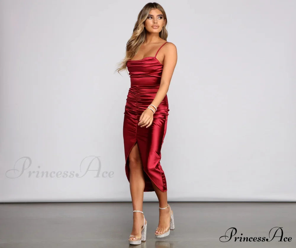 Festive Mood Satin Charming Ruched Midi Dress