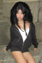 Fuzzy Colorblock Zip Up Hoodie