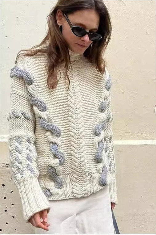 Hooded Colorblock Cable Knit Sweater