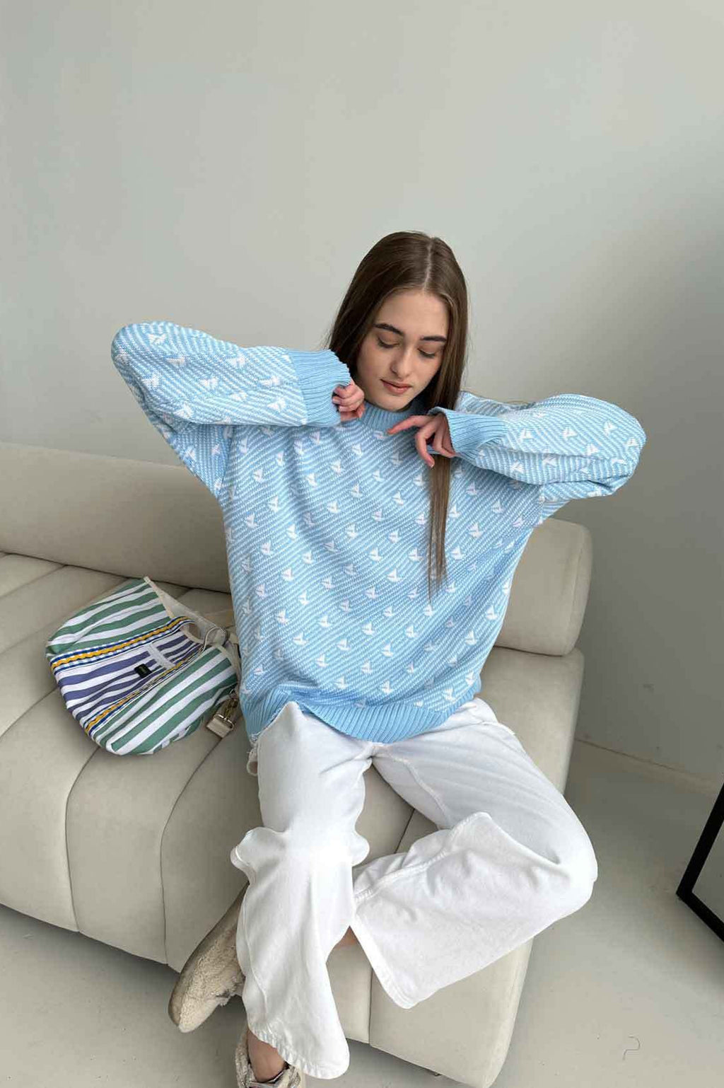 Sailboat Pattern Crew Neck Knit Sweater