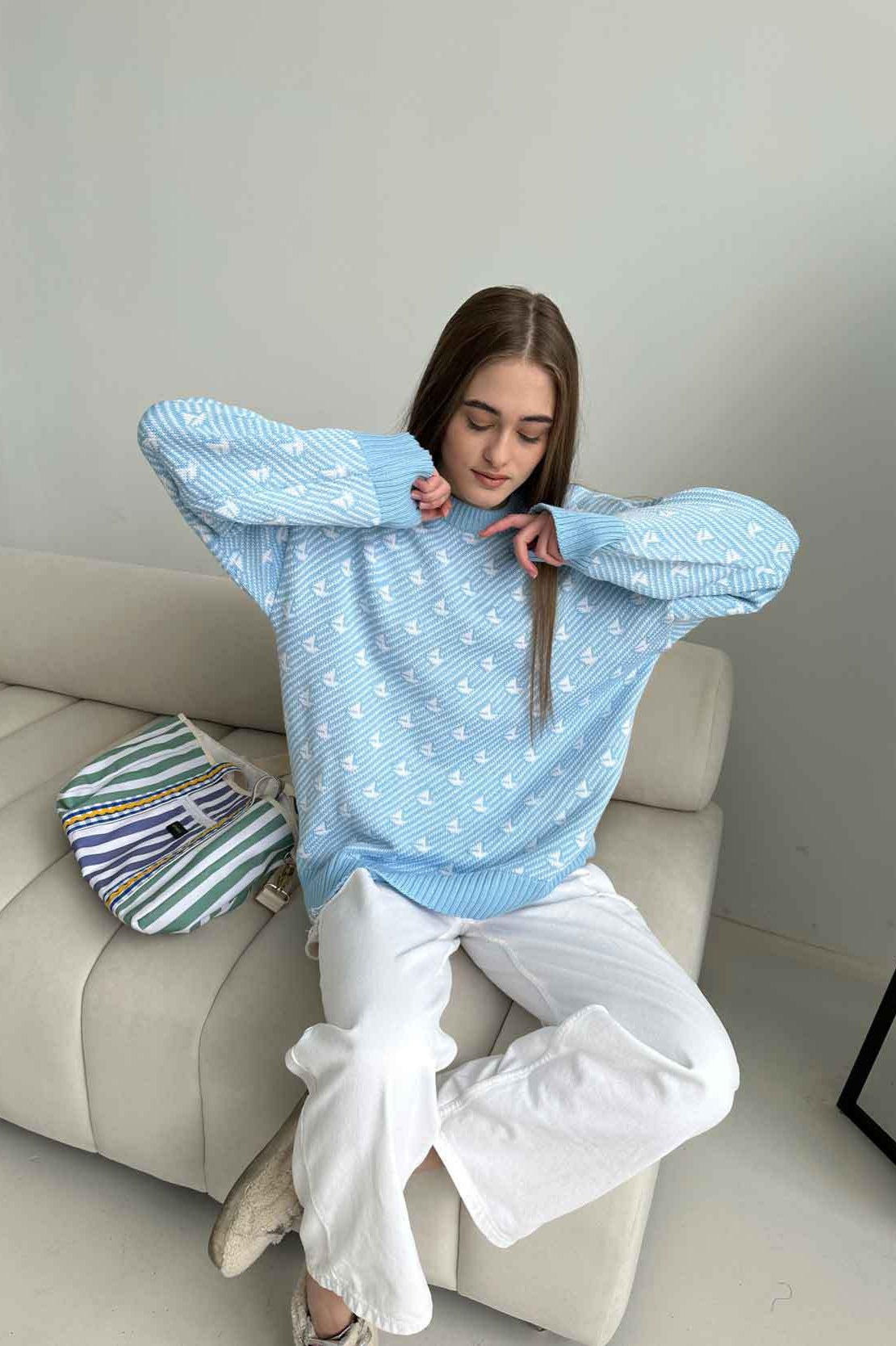 Sailboat Pattern Crew Neck Knit Sweater