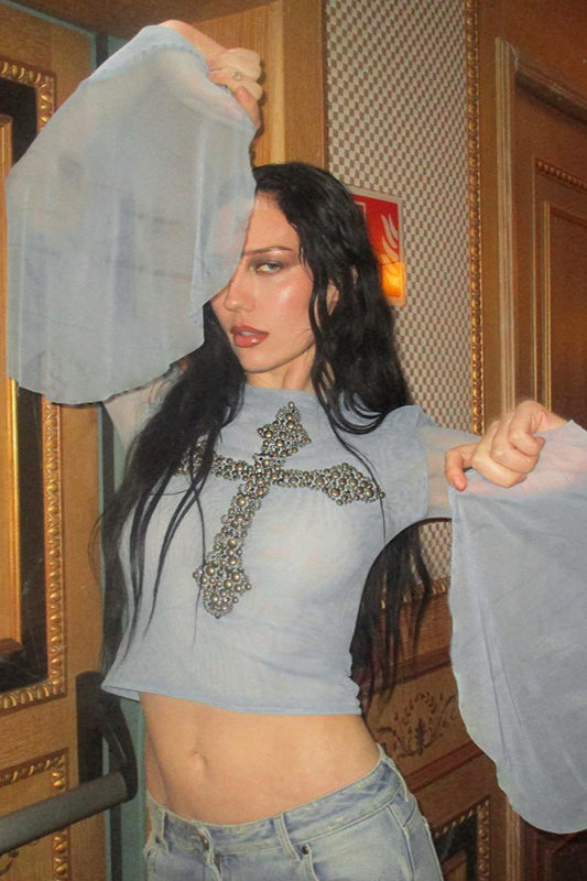 Mesh Panel Gold Print T-shirt