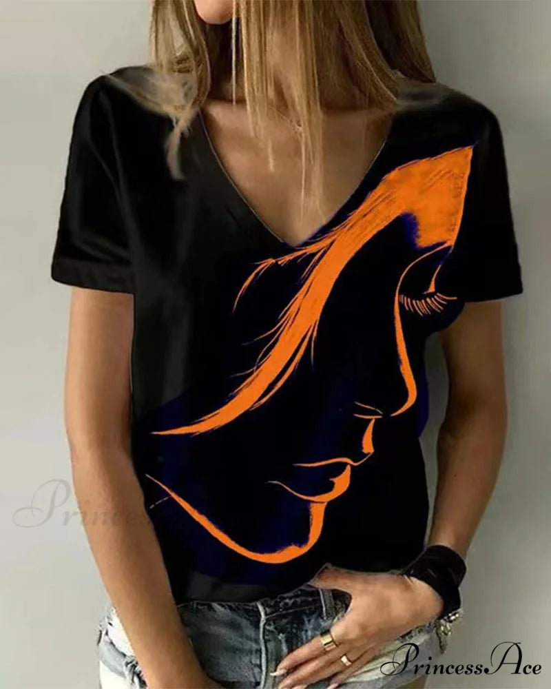 Figure with V-neck T-shirt Print