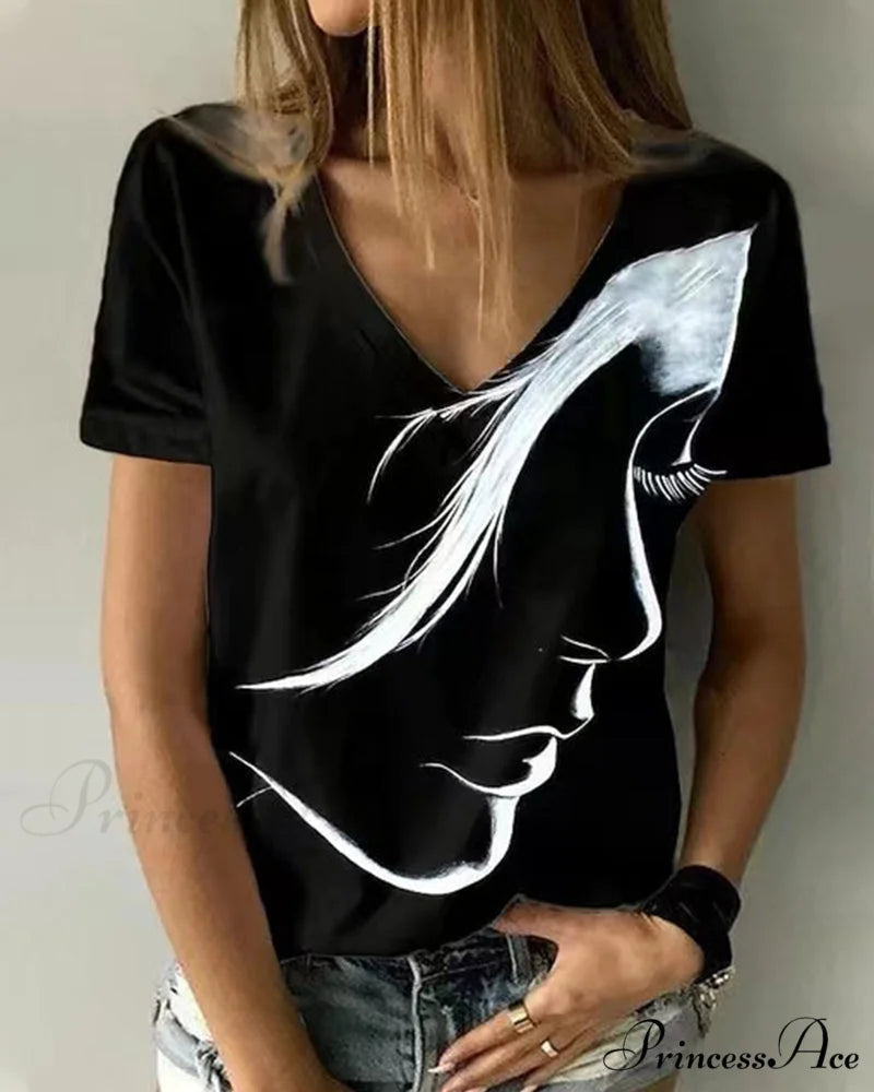 Figure with V-neck T-shirt Print