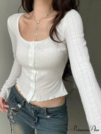 Firm Cropped Narrow Square Neck Long Sleeve Knit Top