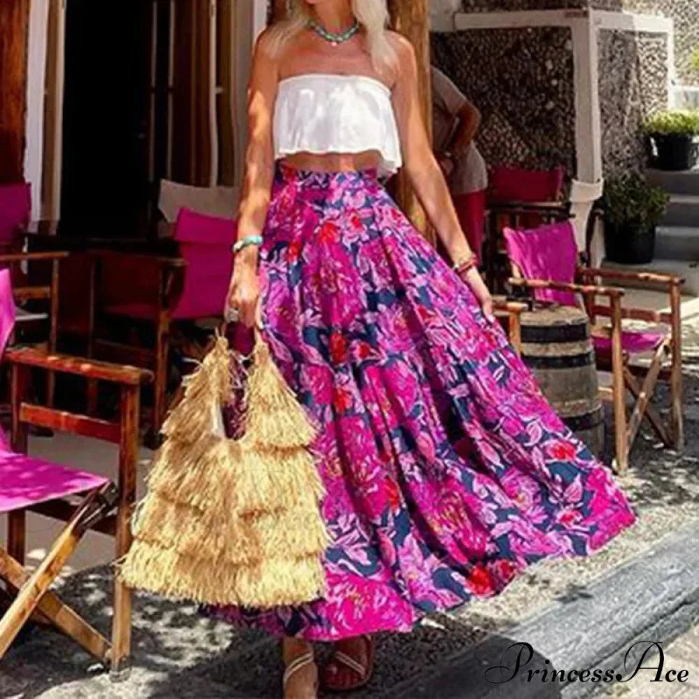 Flamboyant Pattern Blossom Summery High Rise Seaside Flowy Skirt