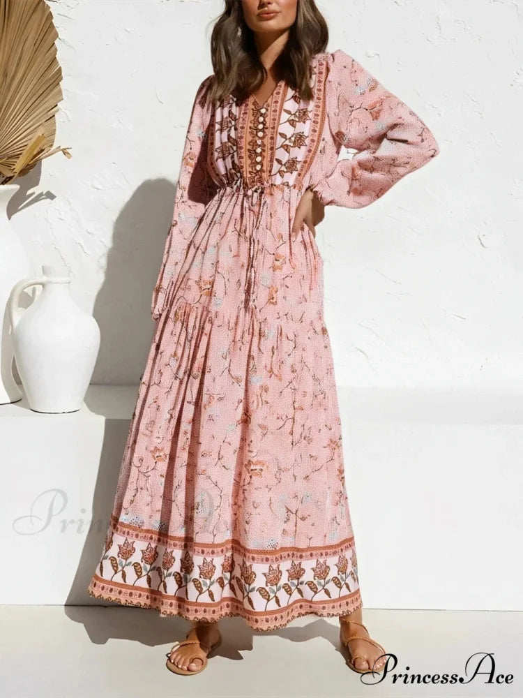 Flame Sleeve Violet Floral Plunging Neckline Long Bohemian Dress