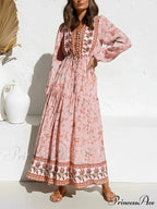 Flame Sleeve Violet Floral Plunging Neckline Long Bohemian Dress