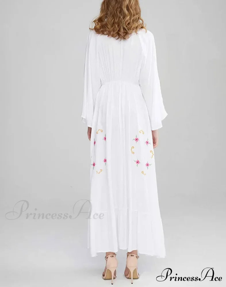 Flare Extended Sleeve Low-cut Cotton Dress