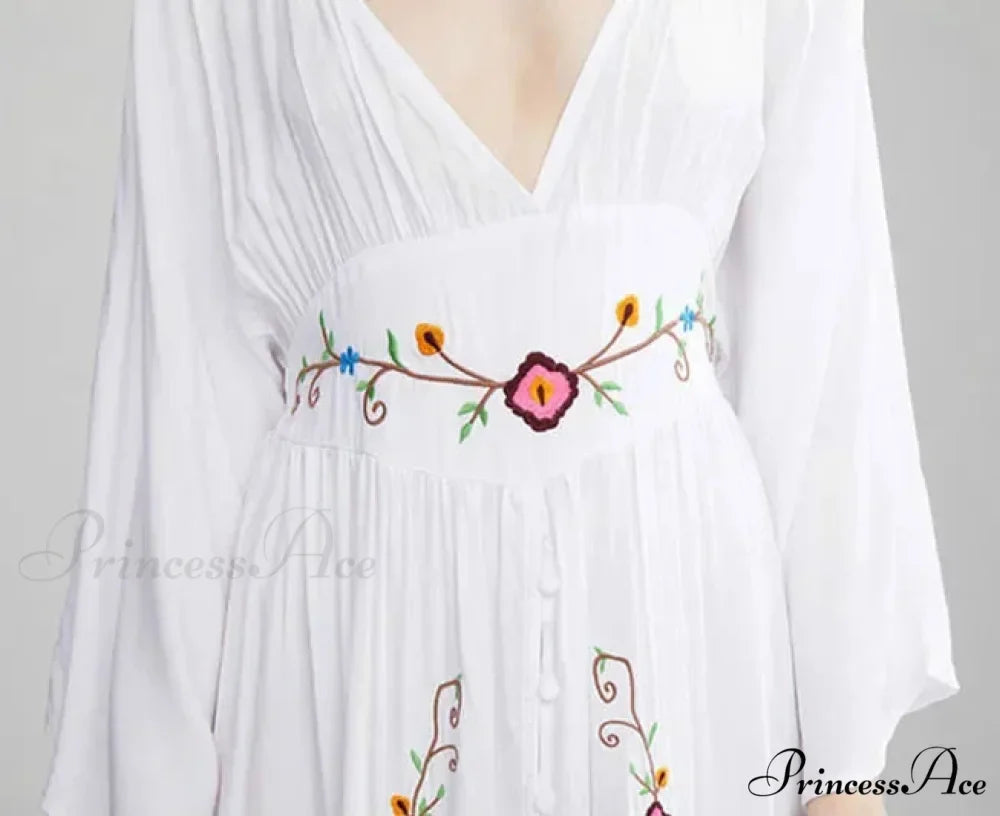 Flare Extended Sleeve Low-cut Cotton Dress