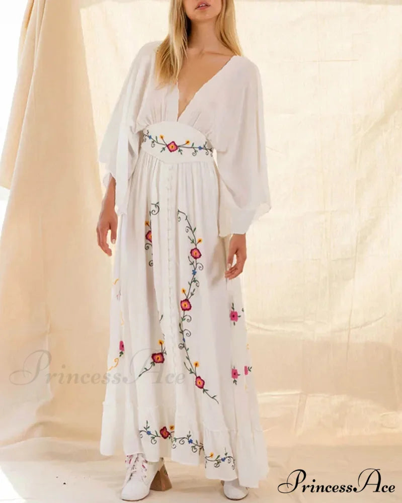 Flare Extended Sleeve Low-cut Cotton Dress