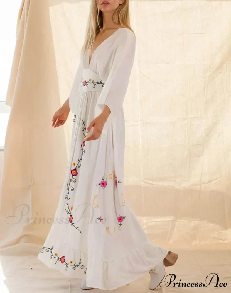 Flare Extended Sleeve Low-cut Cotton Dress