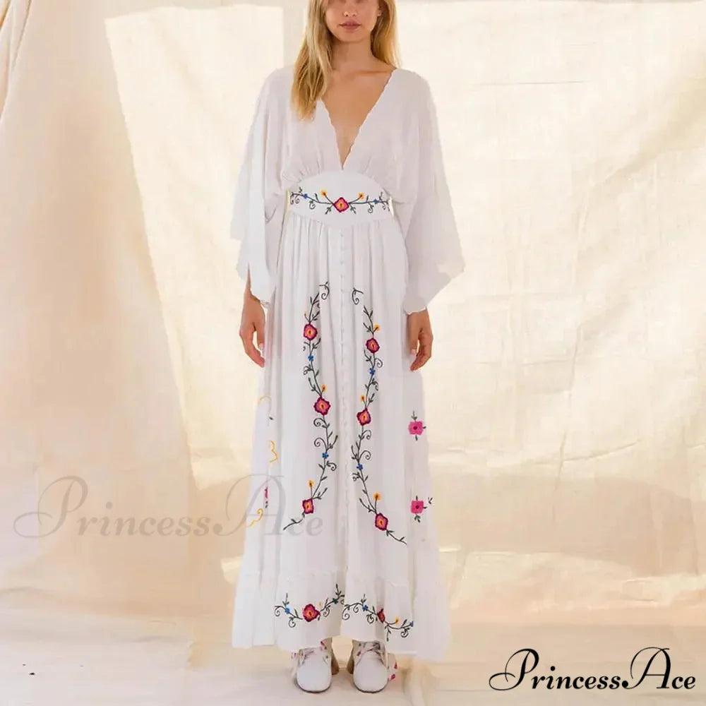 Flare Extended Sleeve Low-cut Cotton Dress