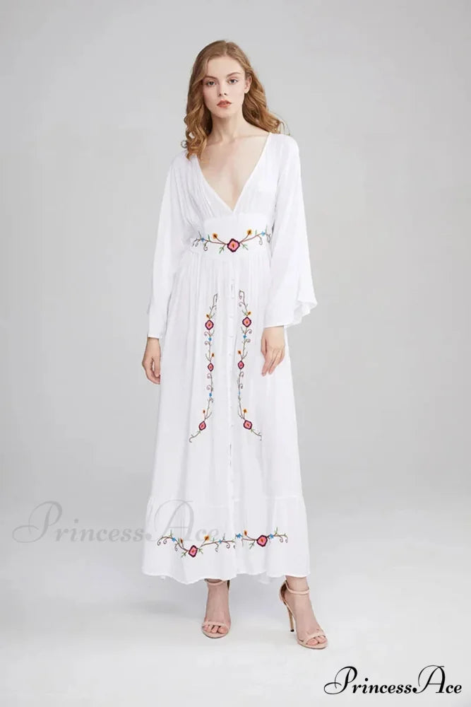 Flare Extended Sleeve Low-cut Cotton Dress