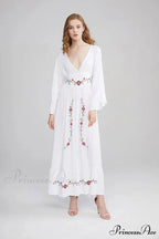 Flare Extended Sleeve Low-cut Cotton Dress