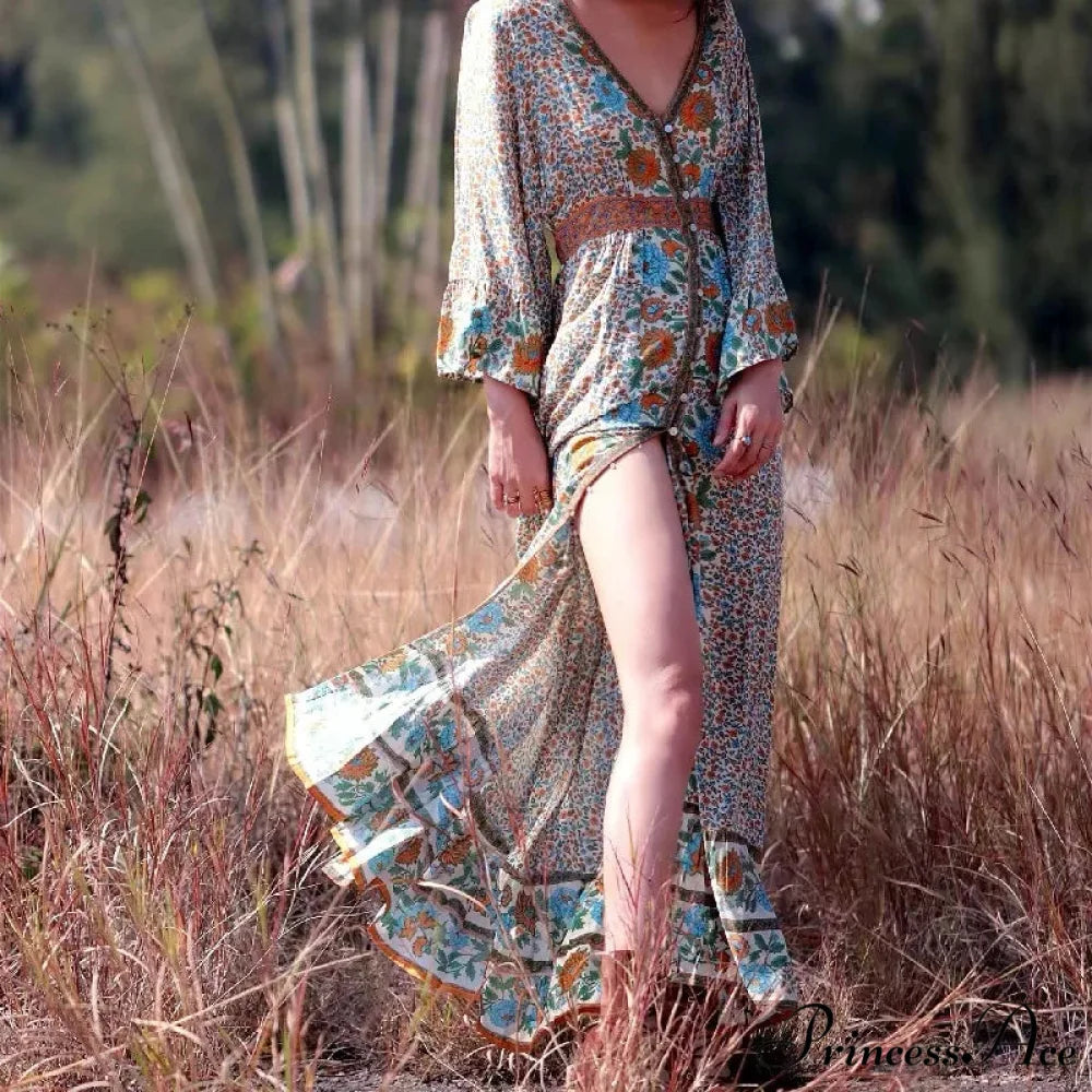 Flare Sleeve Button Down Printing Stylish Bohemian Dress