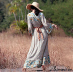 Flare Sleeve Button Down Printing Stylish Bohemian Dress