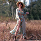 Flare Sleeve Button Down Printing Stylish Bohemian Dress