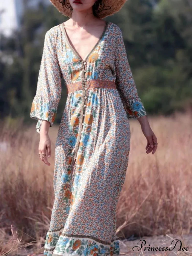 Flare Sleeve Button Down Printing Stylish Bohemian Dress
