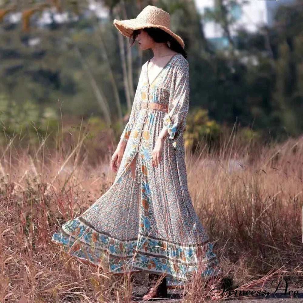 Flare Sleeve Button Down Printing Stylish Bohemian Dress